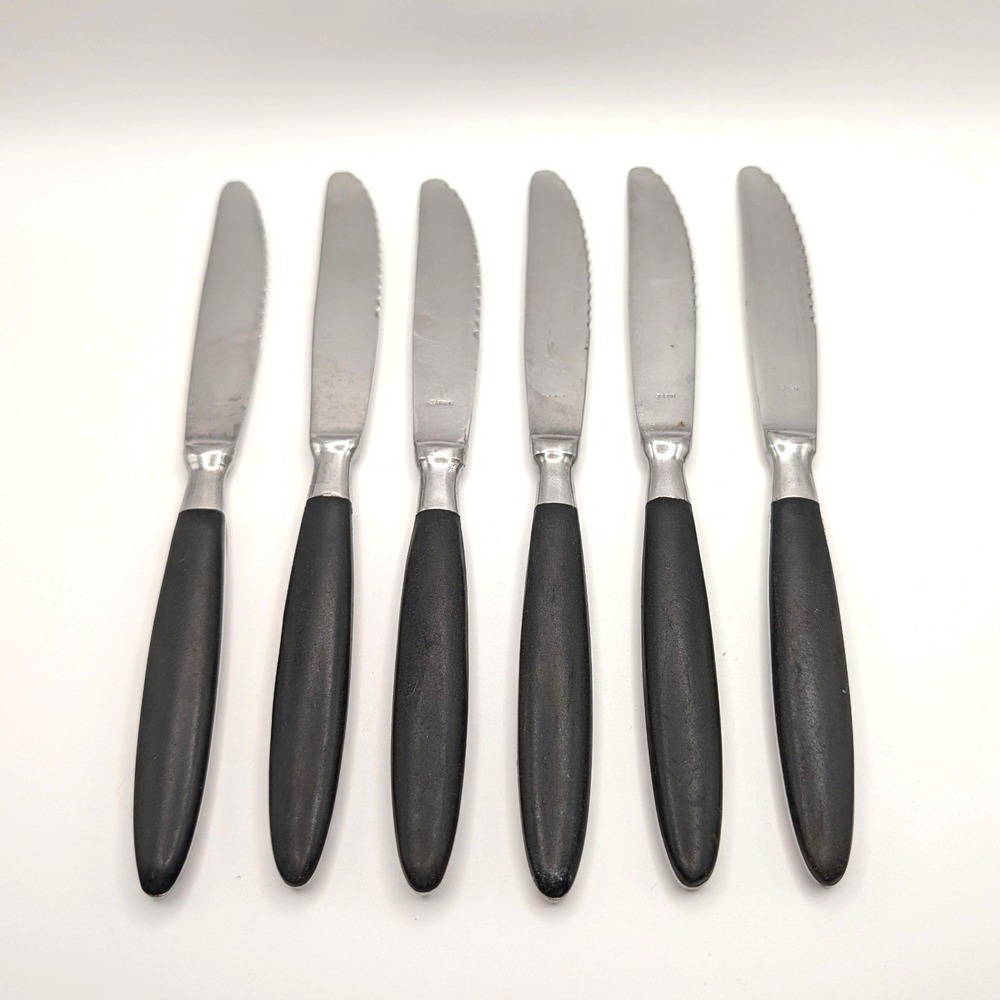 Halco Steak Knives Set of 6 Vintage Stainless Japan Black Handle MCM Full Tang